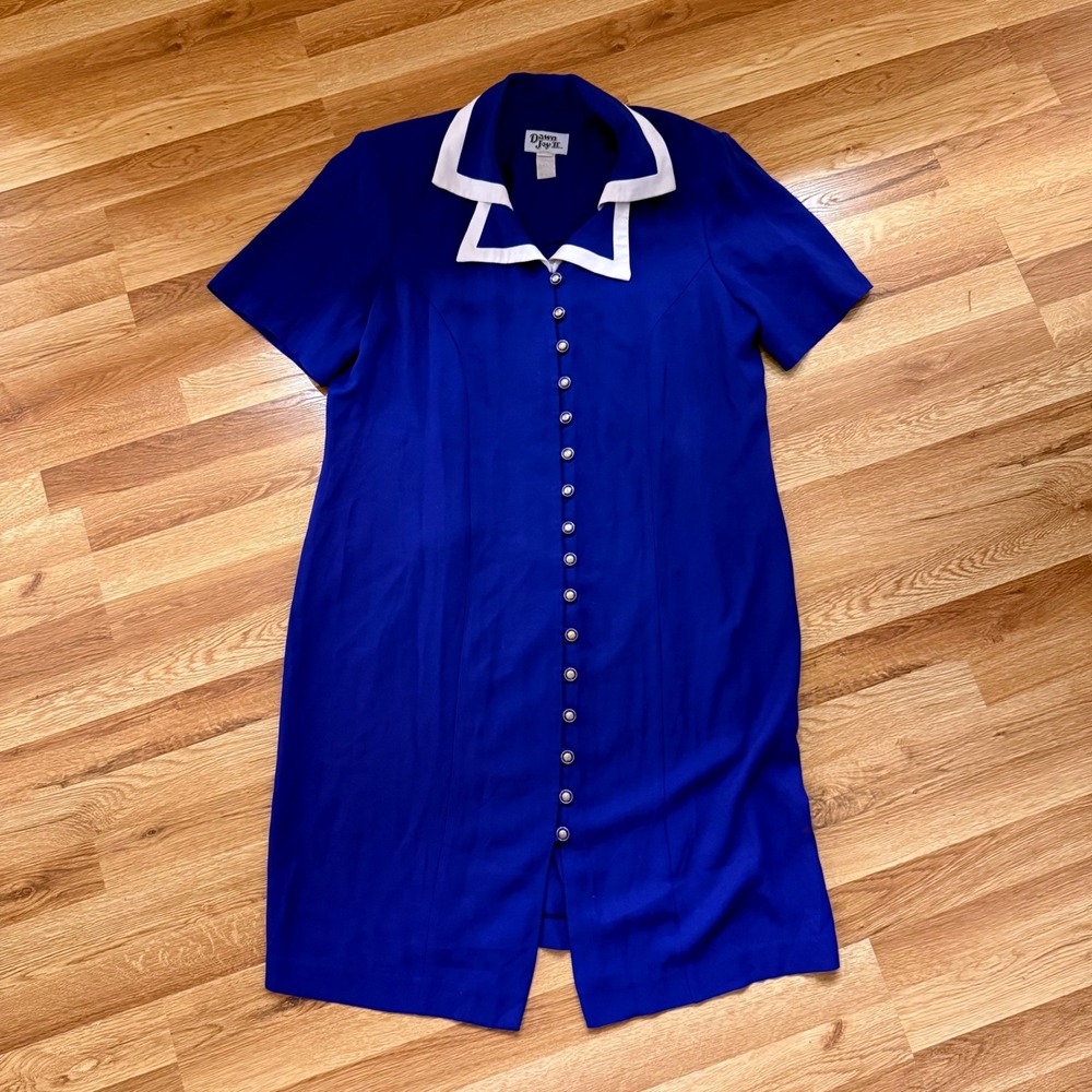 Vintage Dawn Joyโ II Blue Dress Sz 18 White Collar Gold Buttons 80s Secretary XL